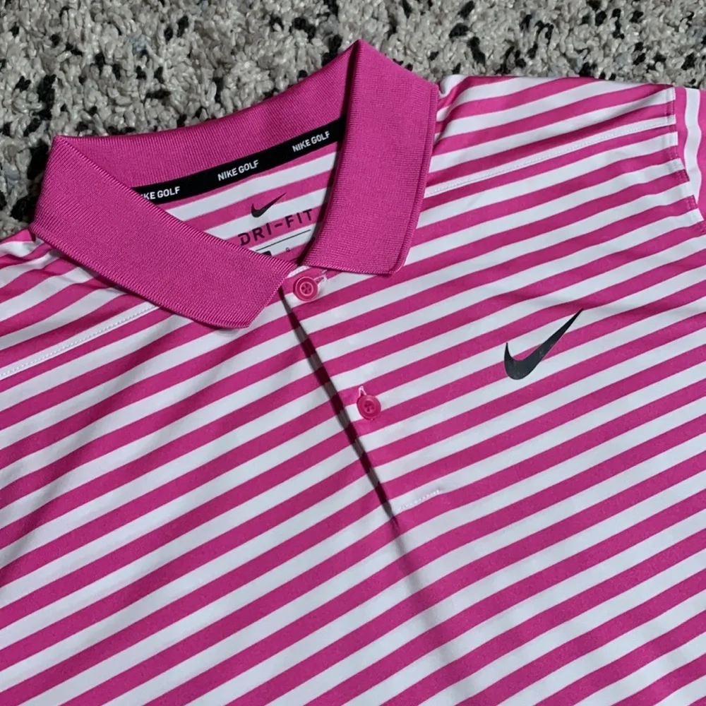Nike Pink and White Striped Polo Shirt